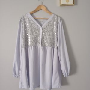 Blouse Tunic FLYCURVY Size 3XL Empire Waist Lavender  Sequin Embroidery  NEW